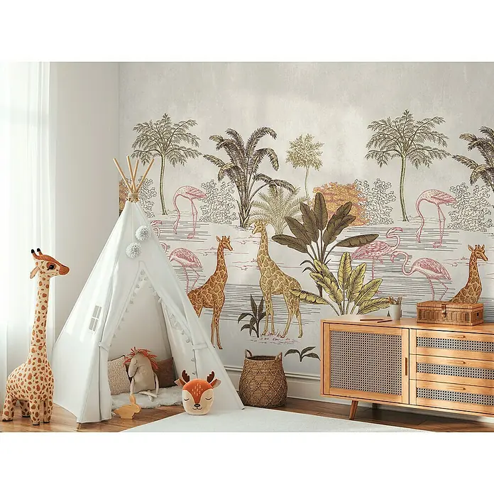 A.S. Création The Wall 3 Fototapete Safari - B x H: 159 x 280 cm, Vlies - Kinderzimmer mit einem Spielzelt, einer Giraffenfigur und einer Kommode mit Deko-Giraffe.