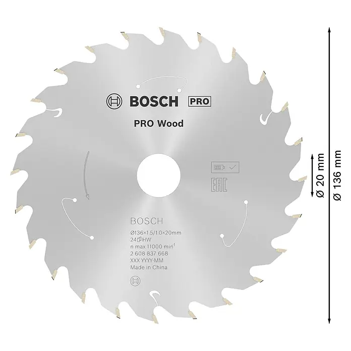 Bosch Kreissägeblatt Standard for Wood - 136 mm, Bohrung: 20 mm, Anzahl Zähne: 24 Stk. - Nahaufnahme eines Bosch Pro Holzsägeblatts mit den Maßen Ø136x1,5/1,0x20mm, ideal für präzise Holzschnitte.