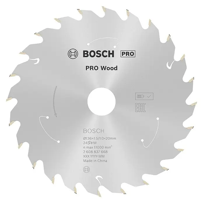 Bosch Kreissägeblatt Standard for Wood - 136 mm, Bohrung: 20 mm, Anzahl Zähne: 24 Stk. - Nahaufnahme eines Bosch Pro Wood Kreissägeblatts, ideal für präzise Holzschnitte und professionelle Anwendungen.
