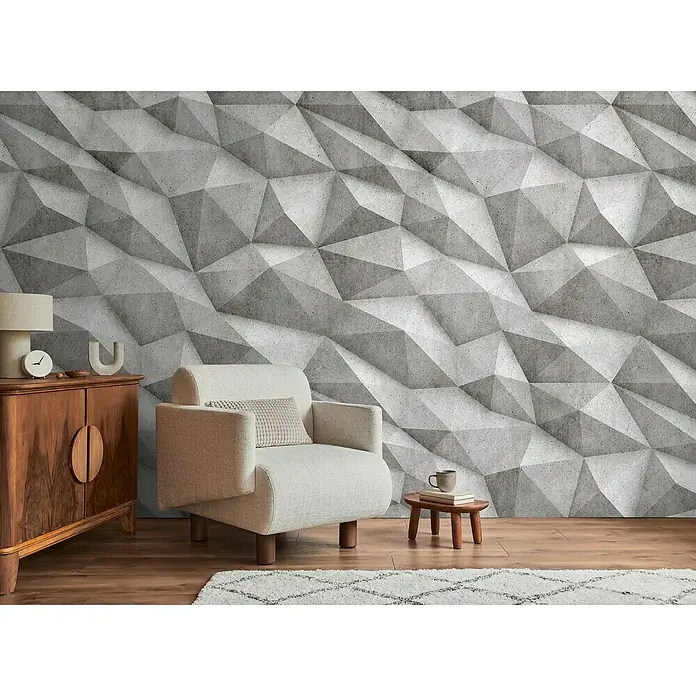 A.S. Création The Wall 3 Fototapete 3D-Optik - B x H: 159 x 280 cm, Vlies - Ein gemütliches Wohnzimmer mit einem bequemen Sessel, einem eleganten Schrank und einer Wand mit einem modernen 3D-Beton-Design.
