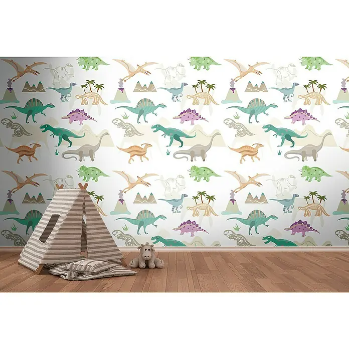 A.S. Création The Wall 2 Fototapete Dinos - B x H: 159 x 280 cm, Vlies - Ein Kinderzimmer mit einer Spielecke, inklusive Tipi-Zelt und Stofftier, vor einer Wand mit Dino-Tapete.