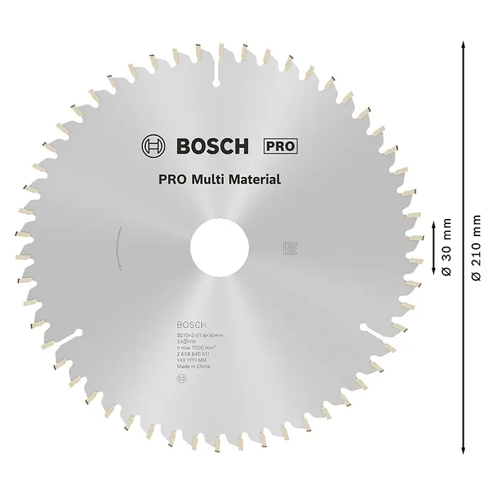Bosch Kreissägeblatt Multi Material - 210 mm, Bohrung: 30 mm, Anzahl Zähne: 54 Stk. - Abbildung eines Bosch Pro Multi Material Sägeblatts mit den Maßen Ø 30 mm und Ø 210 mm für professionelle Anwendungen.