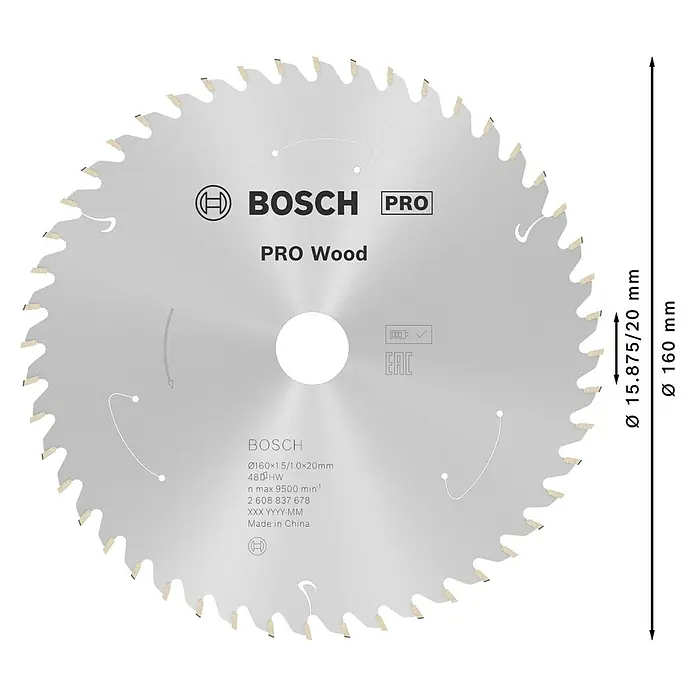 Bosch Kreissägeblatt Standard for Wood - 160 mm, Bohrung: 20 mm, Anzahl Zähne: 48 Stk. - Abbildung eines Bosch Pro Wood Kreissägeblatts mit den Maßen Ø 160 mm und 15,875/20 mm.
