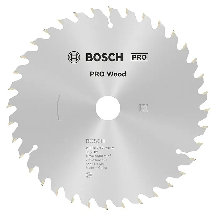 Bosch Kreissägeblatt Pro Wood - 165 mm, Bohrung: 20 mm, Anzahl Zähne: 36 Stk. - Nahaufnahme eines Bosch Pro Wood Sägeblatts, ideal für präzise Holzarbeiten.