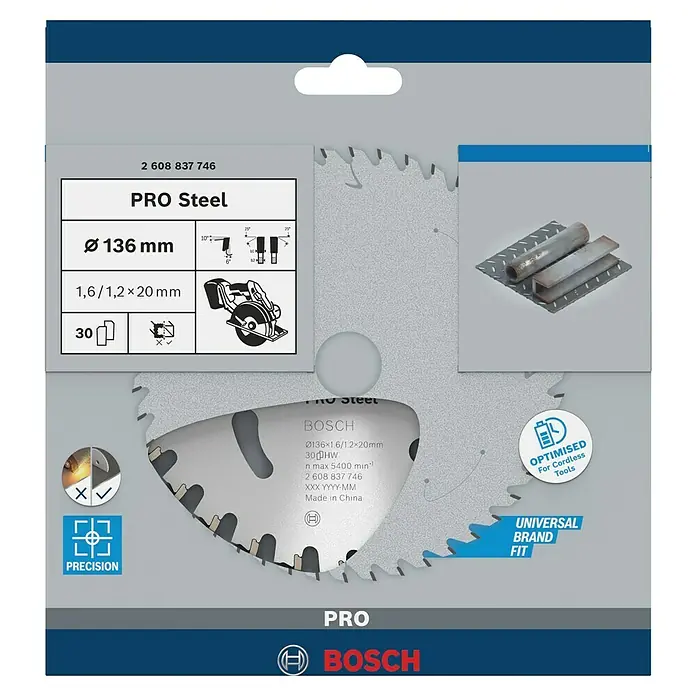 Bosch Kreissägeblatt Standard for Steel - 136 mm, Bohrung: 20 mm, Anzahl Zähne: 30 Stk. - Das Bild zeigt eine Bosch Pro Steel Kreissäge mit einem Durchmesser von 136 mm, optimiert für Akku-Werkzeuge.