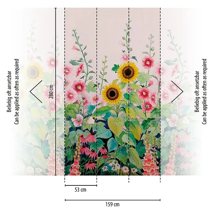 A.S. Création The Wall 3 Fototapete Blumenwiese - B x H: 159 x 280 cm, Vlies - Detailansicht der Blumen-Fototapete mit Maßen, die eine wiederholte Anwendung ermöglichen und eine blühende und lebendige Atmosphäre schaffen.