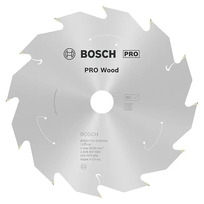 Bosch Kreissägeblatt Standard for Wood - 165 mm, Bohrung: 20 mm, Anzahl Zähne: 12 Stk. - Ein detailreiches Bild eines Bosch Pro Wood Sägeblattes, das Präzision und Leistung für Holzarbeiten verspricht.