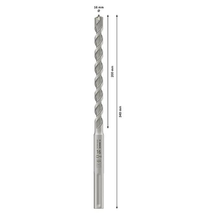 Bosch Professional Beton- & Steinbohrer MAX-4 - 1 Stk., Durchmesser Bohrer: 16 mm - Abbildung eines Bosch SDS max-4 Bohrers mit einer Länge von 340 mm und einem Durchmesser von 16 mm, geeignet für Bohrmaschinen.