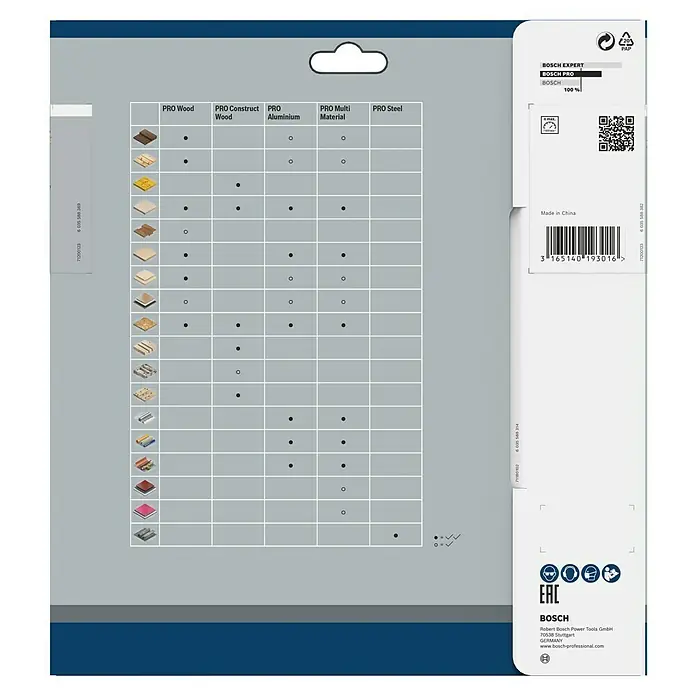 Bosch Kreissägeblatt Multi Material - 210 mm, Bohrung: 30 mm, Anzahl Zähne: 54 Stk. - Eine Tabelle, die die Kompatibilität von Bosch Sägeblättern mit verschiedenen Materialien wie Holz, Aluminium und Stahl zeigt.