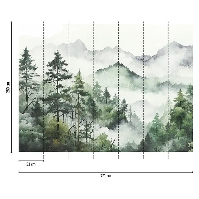 A.S. Création The Wall 3 Fototapete Waldlandschaft im Nebel - B x H: 371 x 280 cm, Vlies - Tapetenbild mit Waldmotiv, 280 x 371 cm, bestehend aus einzelnen Bahnen. Ideal zur Dekoration von Wohnräumen mit Naturmotiven.