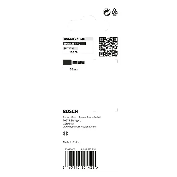 Bosch Inserto para llaves de vaso Impact Control - Ancho de llave: 10 mm, Tamaño de accionamiento: ¼'' hexágono exterior - Imagen de una extensión Bosch Pro con una longitud de 50 mm, empaquetada en un embalaje negro con letras blancas.