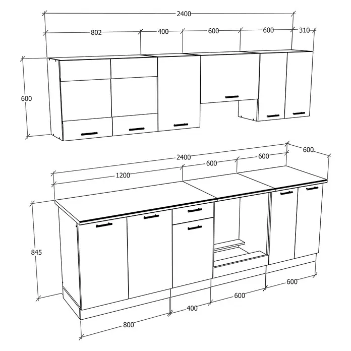 VCM Esilo Küchenleerblock - Breite: 240 cm, Anthrazit, Ohne Elektrogeräte - Eine detaillierte Schemazeichnung einer modernen Küchenzeile mit Maßen für Planung und Design.