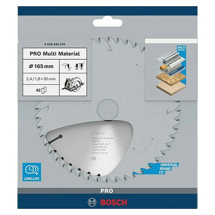 Bosch Kreissägeblatt Multimaterial - 165 mm, Bohrung: 30 mm, Anzahl Zähne: 54 Stk. - Das Bild zeigt ein Bosch Pro Multi Material Sägeblatt mit 165 mm Durchmesser für vielfältige Materialien, verpackt in einer grauen Verpackung.