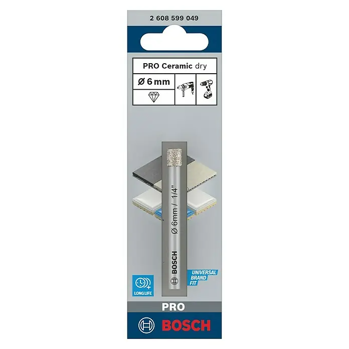 Bosch Expert Diamant-Trockenbohrer Expert for Ceramic - Durchmesser Bohrer: 6 mm - Bosch Pro Ceramic Dry Bohrer, Durchmesser 6 mm, für präzise Bohrungen in Keramik, lange Lebensdauer und universelle Passform für verschiedene Bohrmaschinen.
