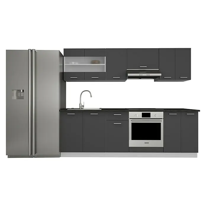VCM Esilo Küchenleerblock - Breite: 240 cm, Anthrazit, Ohne Elektrogeräte - Graue Küche mit einem großen Kühlschrank, schwarzen Schränken, einer Spüle und einem Bosch-Ofen.