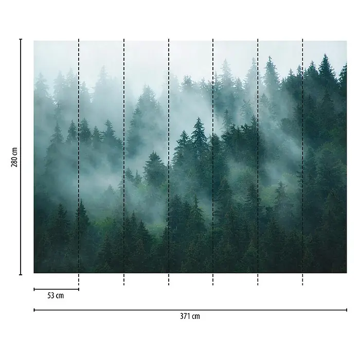 A.S. Création The Wall 3 Fototapete Dunkle Waldlandschaft im Nebel - B x H: 371 x 280 cm, Vlies - Vliestapete mit einem Waldmotiv im Nebel. Die Tapete ist 280 cm hoch und 371 cm breit und besteht aus einzelnen Bahnen.