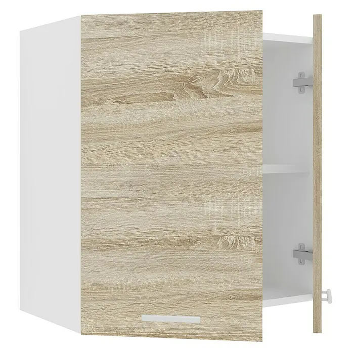 VCM Esilo Hängeschrank - 31 x 60 x 60 cm, Sonoma-Eiche - Ein Wandschrank in Weiß und Holzoptik mit einer offenen Tür, die Einblick in das Innere mit Regalen gewährt. Perfekt für zusätzlichen Stauraum.
