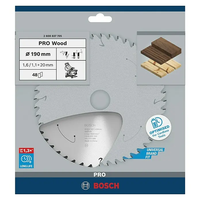 Bosch Kreissägeblatt Standard for Wood - 190 mm, Bohrung: 20 mm, Anzahl Zähne: 48 Stk. - Bosch Kreissägeblatt PRO Wood, Ø 190 mm, für saubere Holzschnitte. Optimiert für Akku-Werkzeuge, lange Lebensdauer und universelle Passform.