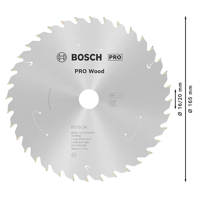 Bosch Kreissägeblatt Standard for Wood - 165 mm, Bohrung: 20 mm, Anzahl Zähne: 36 Stk. - Nahaufnahme eines Bosch Pro Wood Sägeblatts mit Produktdetails und Größenangaben auf schwarzem Hintergrund.