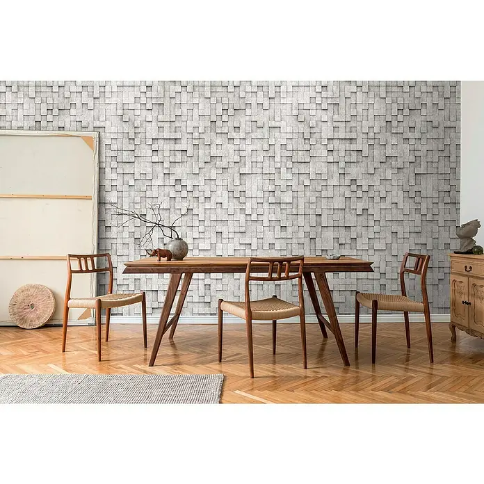 A.S. Création The Wall 3 Fototapete 3D-Grafik - B x H: 159 x 280 cm, Vlies, Grau - Ein Esszimmer mit einem Holztisch und Stühlen vor einer grauen 3D-Würfelwand. Das Möbeldesign ist modern und stilvoll.
