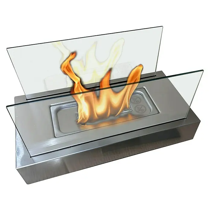 Purline Chimenea de bioetanol Algeiros - Acero inoxidable, Plateado - Una chimenea de mesa con paneles de vidrio y una carcasa de acero cepillado que crea un ambiente cálido y acogedor.