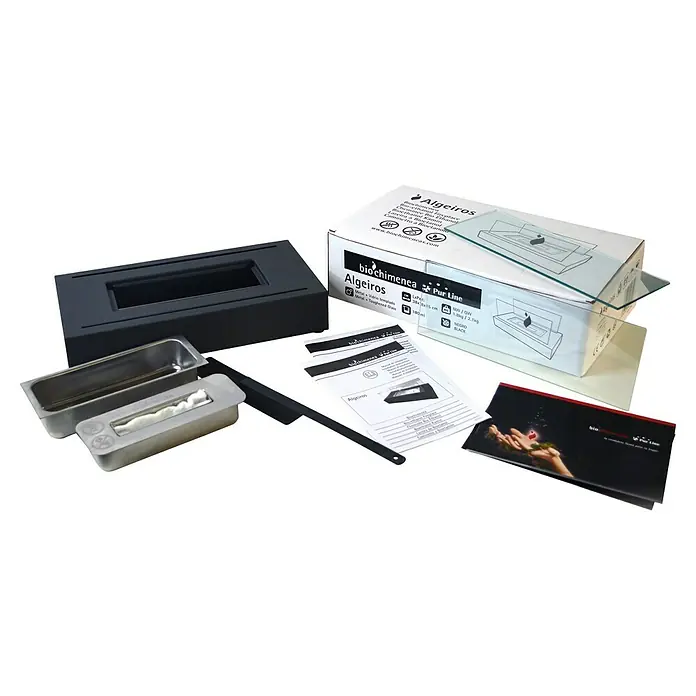 Purline Chimenea de bioetanol Algeiros - Acero inoxidable, Negro - Primer plano de una chimenea de bioetanol "Algeiros Pur Line", que incluye el quemador, la carcasa y el manual.