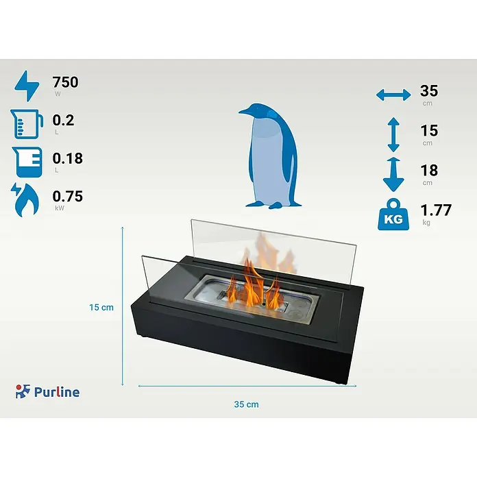 Purline Chimenea de bioetanol Algeiros - Acero inoxidable, Negro - Imagen de una chimenea de mesa con dimensiones 35 x 15 x 18 cm, potencia de 750W y un peso de 1,77kg.