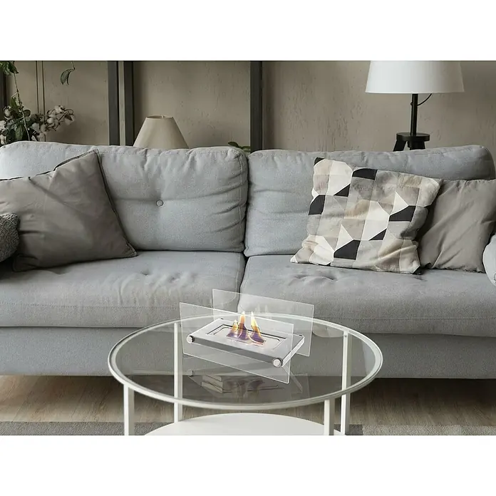 Purline Chimenea de bioetanol Oniros - Acero inoxidable, Plateado - Chimenea de mesa con borde de vidrio, un elemento decorativo elegante y acogedor para la sala de estar. Proporciona un ambiente agradable.
