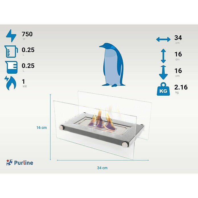 Purline Chimenea de bioetanol Oniros (16 x 34 x 16 cm, Plateado) | BAUHAUS