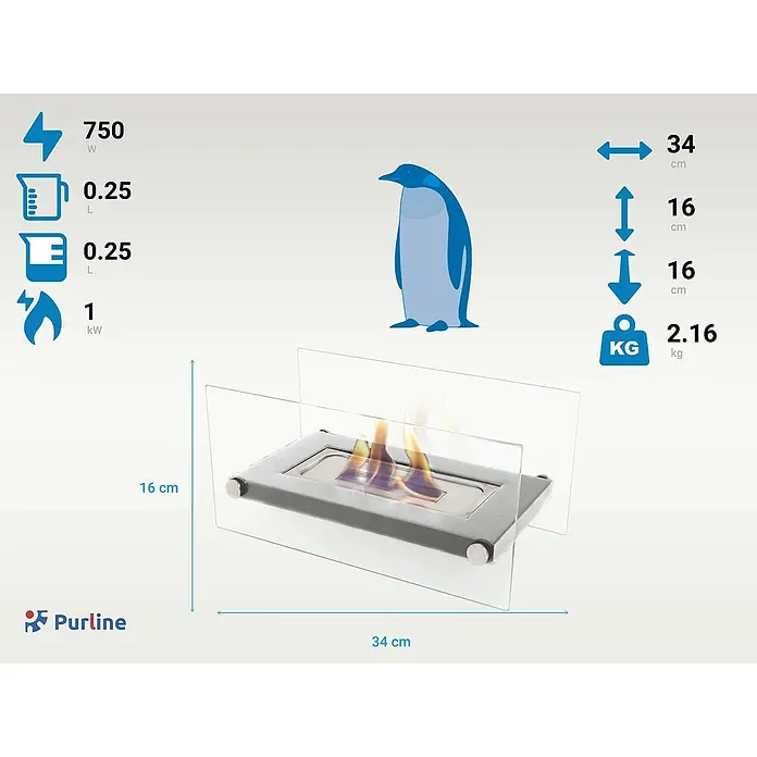 Purline Chimenea de bioetanol Oniros - Acero inoxidable, Plateado - Imagen del producto de una chimenea de bioetanol con marco de vidrio y detalles técnicos como potencia, volumen y dimensiones.