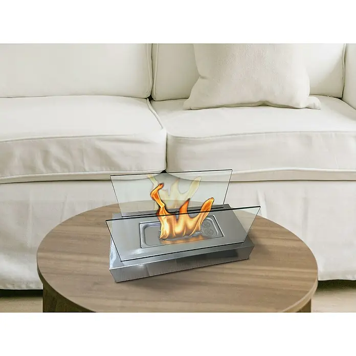 Purline Chimenea de bioetanol Algeiros - Acero inoxidable, Plateado - Esta chimenea de mesa crea un ambiente acogedor con su diseño de vidrio y llamas suaves.