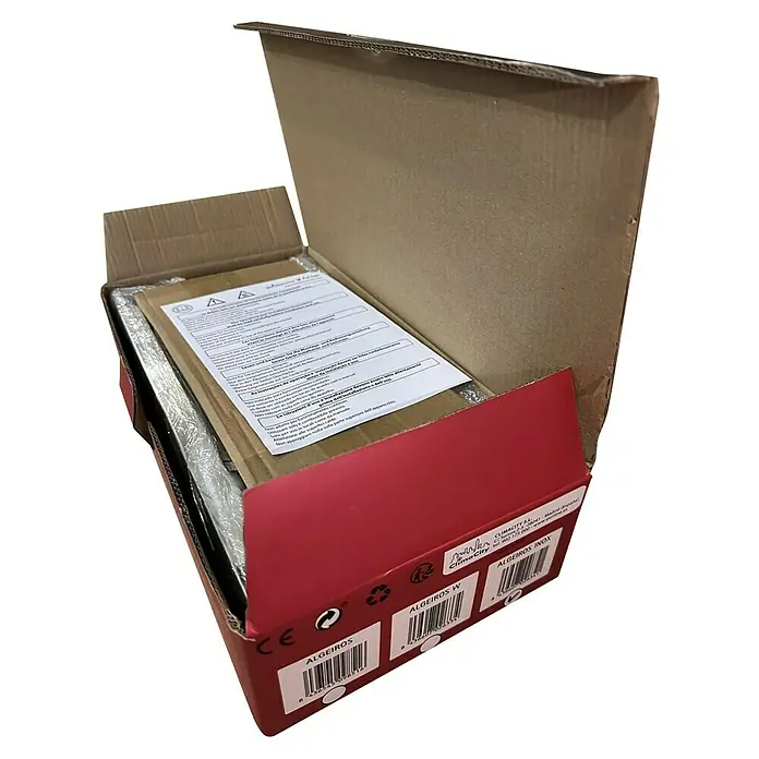 Purline Chimenea de bioetanol Algeiros - Acero inoxidable, Plateado - Caja roja abierta con un producto y un manual, posiblemente un electrodoméstico.