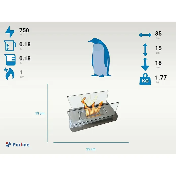 Purline Chimenea de bioetanol Algeiros - Acero inoxidable, Plateado - Imagen del producto del inserto de chimenea BIO de Purline con dimensiones de 35 x 15 x 18 cm, 750 W de potencia y 1.77 kg de peso.