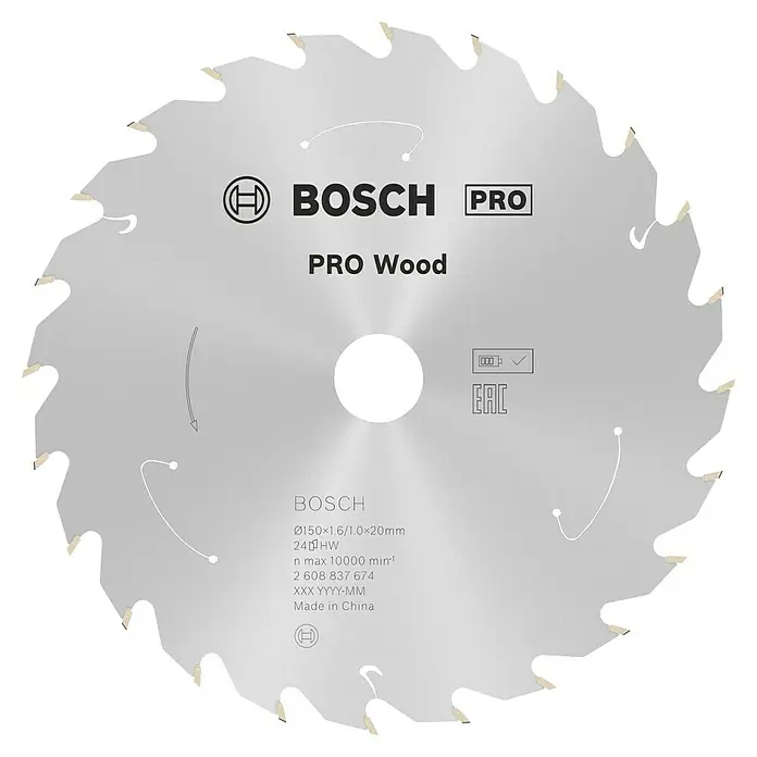 Bosch Kreissägeblatt Standard for Wood - 150 mm, Bohrung: 20 mm, Anzahl Zähne: 24 Stk. - Nahaufnahme eines Bosch Pro Holzsägeblatts, ideal für präzise Holzschnitte. Hochwertige Verarbeitung für langanhaltende Leistung.