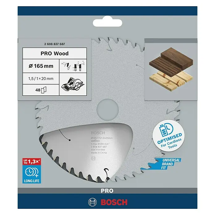 Bosch Kreissägeblatt Standard for Wood - 165 mm, Bohrung: 20 mm, Anzahl Zähne: 48 Stk. - Das Bosch Pro Wood Kreissägeblatt mit 165 mm Durchmesser, ideal für präzise Holzschnitte. Optimiert für Akku-Werkzeuge, lange Lebensdauer.