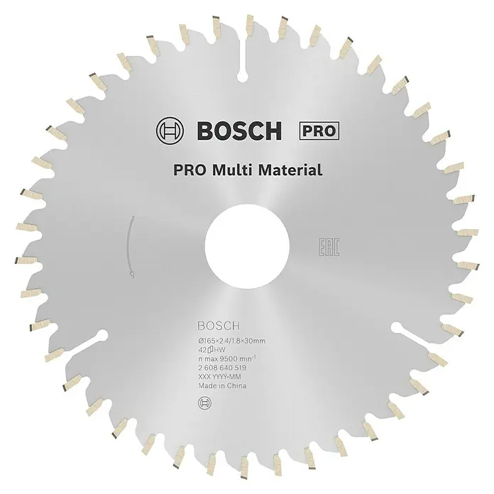 Bosch Kreissägeblatt Multimaterial - 165 mm, Bohrung: 30 mm, Anzahl Zähne: 54 Stk. - Das Bild zeigt ein Bosch Pro Multi Material Sägeblatt. Es ist für den professionellen Einsatz konzipiert und für verschiedene Materialien geeignet.