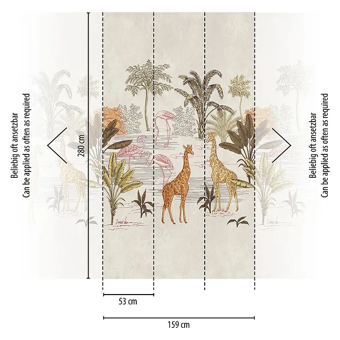 A.S. Création The Wall 3 Fototapete Safari - B x H: 159 x 280 cm, Vlies - Dekoratives Wandbild mit Dschungel-Motiv, zeigt Giraffen und Flamingos vor Palmen, ideal für Kinderzimmer.