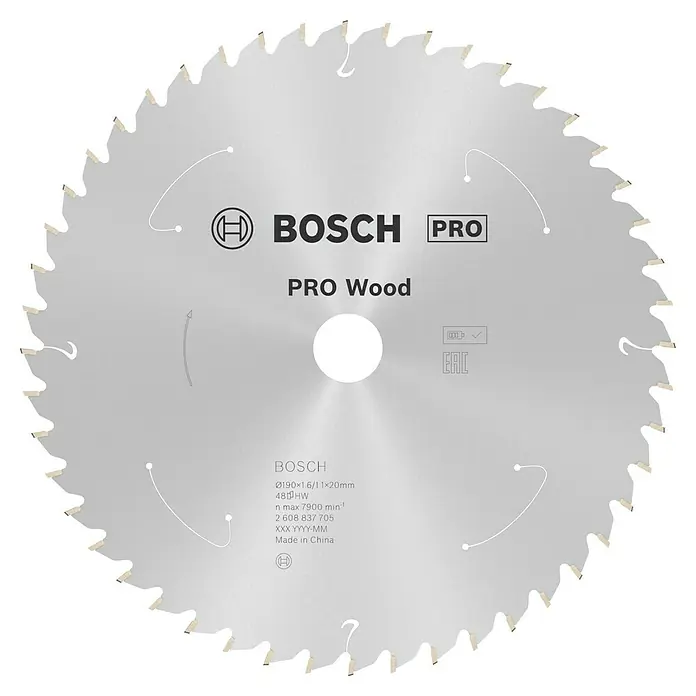 Bosch Kreissägeblatt Standard for Wood - 190 mm, Bohrung: 20 mm, Anzahl Zähne: 48 Stk. - Das Bild zeigt ein Bosch Pro Wood Kreissägeblatt, ideal zum Sägen von Holz. Durchmesser 190 mm, 48 Zähne.