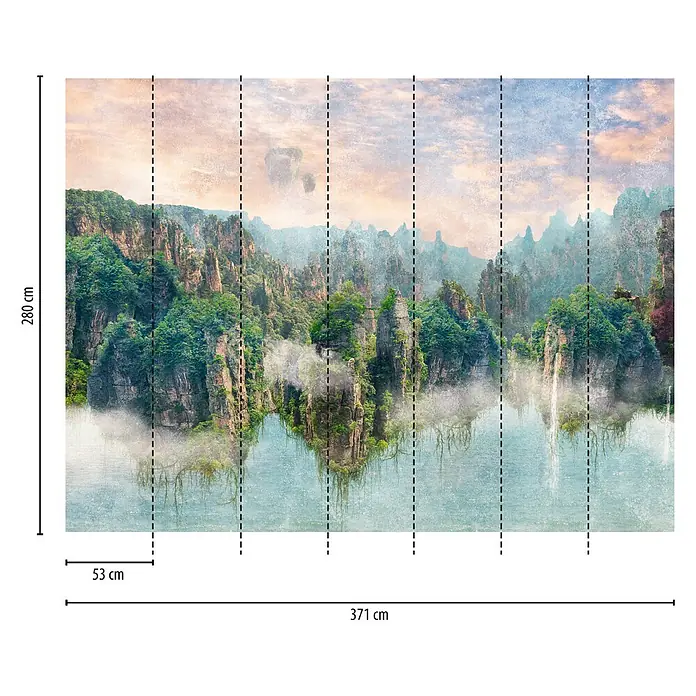 A.S. Création The Wall 3 Fototapete Landschaft - B x H: 371 x 280 cm, Vlies - Fototapete mit fantastischer Berglandschaft mit Reflexionen im Wasser, 371 x 280 cm. Eindrucksvolle Dekoration für Wohnräume.