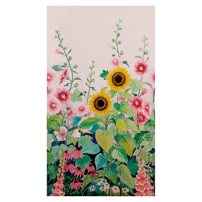 A.S. Création The Wall 3 Fototapete Blumenwiese - B x H: 159 x 280 cm, Vlies - Aquarellgemälde mit Sonnenblumen, Stockrosen, Kegelblumen und Gänseblümchen in einem Garten, gemalt in sanften Farben mit schwarzem Hintergrund.