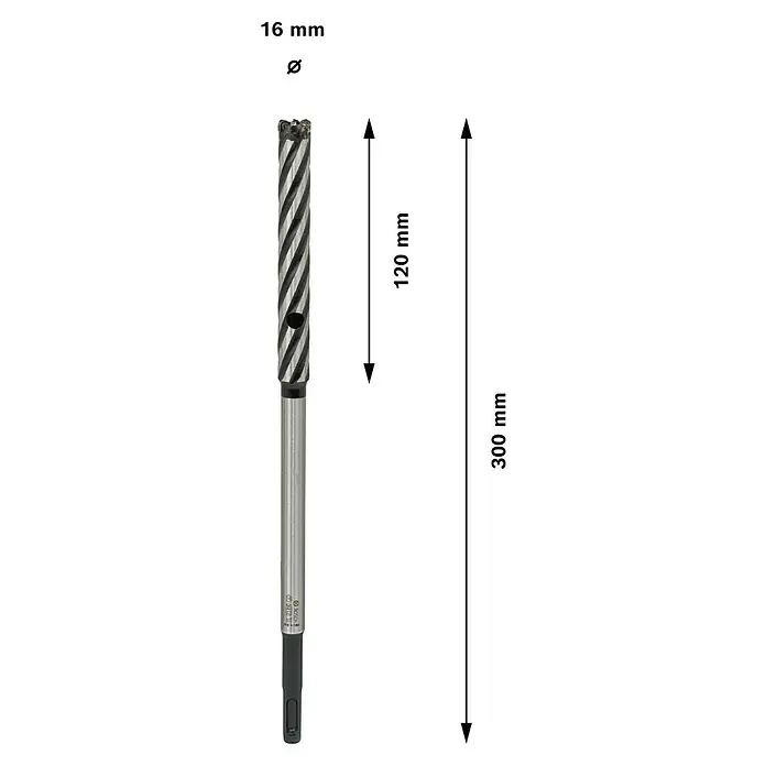 Bosch Metallbohrer Rebar Cut - 1 Stk., Durchmesser Bohrer: 16 mm - Abbildung eines Bosch Hammerbohrers mit einer Länge von 300 mm und einem Durchmesser von 16 mm, geeignet für Bohrhammer mit SDS-plus Aufnahme.