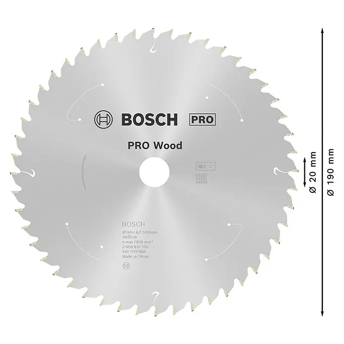 Bosch Kreissägeblatt Standard for Wood - 190 mm, Bohrung: 20 mm, Anzahl Zähne: 48 Stk. - Bosch Pro Holzsägeblatt, Durchmesser 190 mm, Bohrung 20 mm, ideal für saubere Holzschnitte.