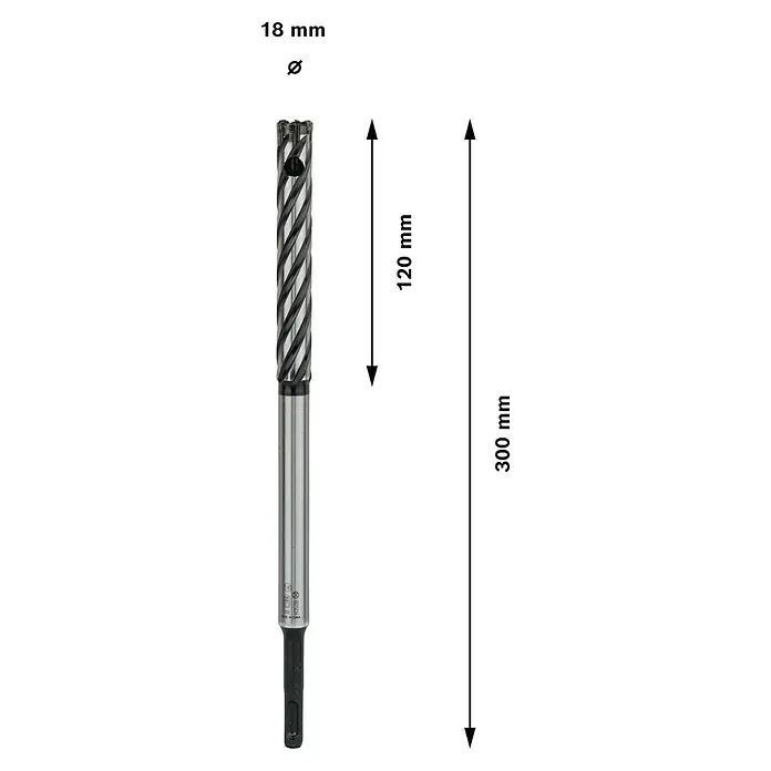 Bosch Metallbohrer Rebar Cut - 1 Stk., Durchmesser Bohrer: 18 mm - Abbildung eines 18mm Hammerbohrers mit einer Gesamtlänge von 300mm und einer Bohrkronenlänge von 120mm.