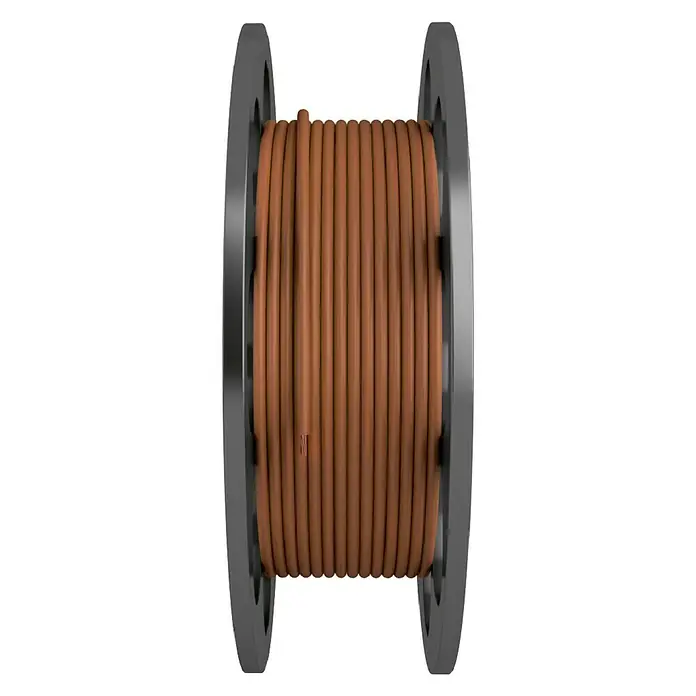 Bricable Cable unipolar Fase - H07Z1-K, Número de cables: 1, 100 m, Marrón, 2,5 mm² - Una toma aislada de una bobina de filamento de impresión 3D marrón, enrollada de forma ordenada y limpia.