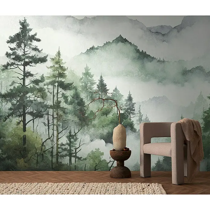 A.S. Création The Wall 3 Fototapete Waldlandschaft im Nebel - B x H: 371 x 280 cm, Vlies - Wand mit Waldtapete und modernem Sessel.