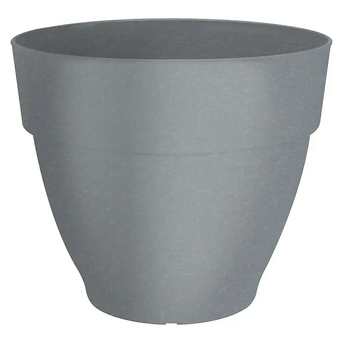 Elho Vibia Campana Maceta para planta Vibia Campana - Dimensiones externas (Ø x Al): 47 x 40,4 cm, Plástico, Gris hormigón - Esta imagen muestra una maceta gris con una forma ligeramente cónica, ideal tanto para uso interior como exterior, añadiendo un toque de estilo.