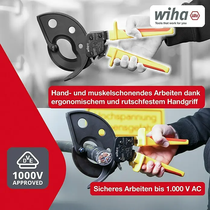 Wiha Ratschenkabelschneider VDE 300 MM² - Länge: 27,5 cm - Das Bild zeigt eine Wiha Kabelschere, die für sicheres Arbeiten bis zu 1.000 V AC ausgelegt ist und eine ergonomische Bauweise aufweist.