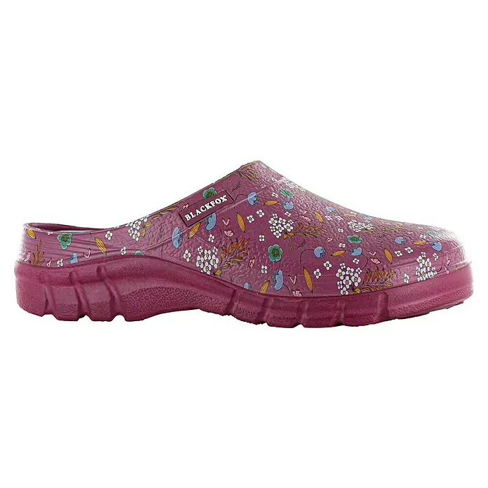 Black Fox Gartenclogs - Schuhgröße: 39, Himbeere - Die Blackfox Gartenschuhe in Dunkelrot mit Blumenmuster sind ideal für Gartenarbeiten und bieten Komfort und Schutz.