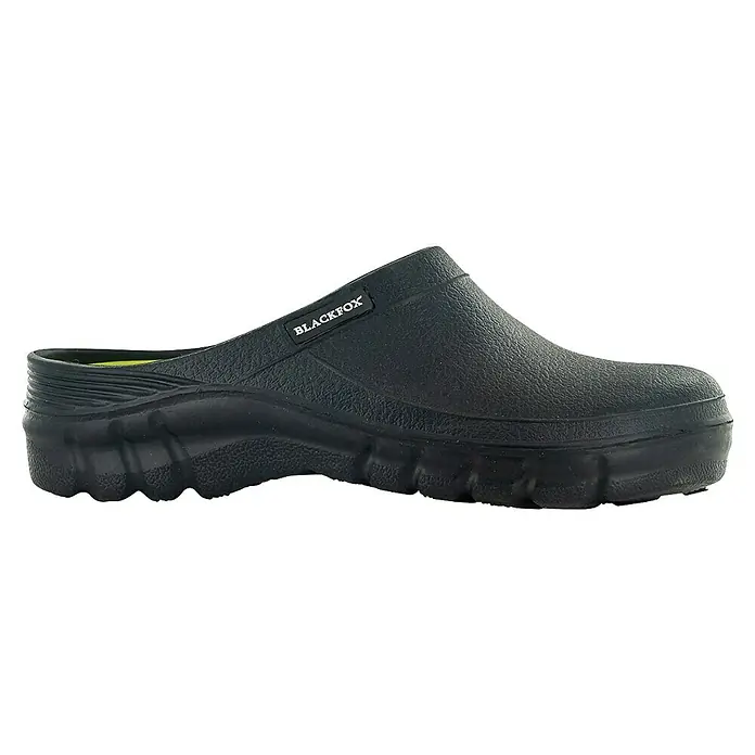 Black Fox Gartenclogs Evasion - Schuhgröße: 42, Onyx - Schwarzer Blackfox-Clog mit gelber Innensohle und grober Sohle. Ideal für den Garten oder andere Outdoor-Aktivitäten.
