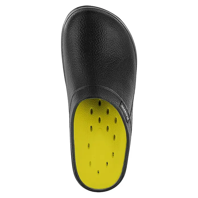 Black Fox Gartenclogs Evasion - Schuhgröße: 42, Onyx - Schwarze Blackfox-Gartenschuhe mit gelber Innensohle und perforiertem Fußbett für Komfort und Belüftung. Ideal für Gartenarbeit und Outdoor-Aktivitäten.
